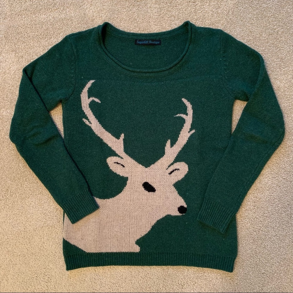 ModCloth Hunter Green Reindeer Deer Buck Antlers Knit Sweater Holiday XS